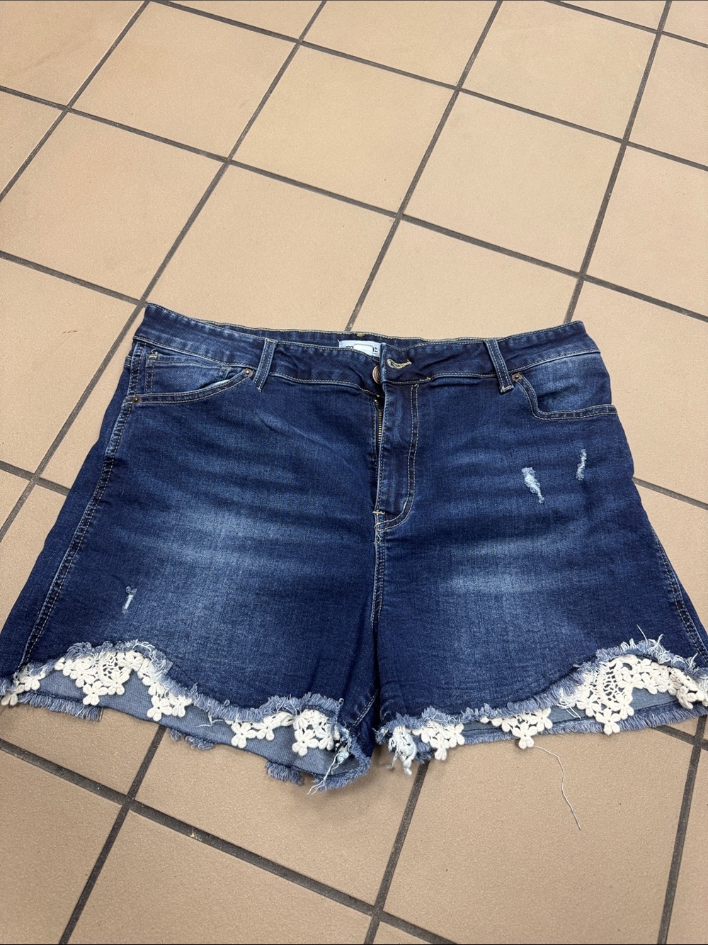 Maurices Dark Blue Denim Shorts with White Lace Hem